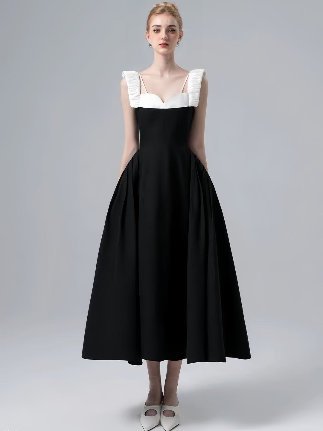 Wide Strap Crepe Maxi Dress - Black White