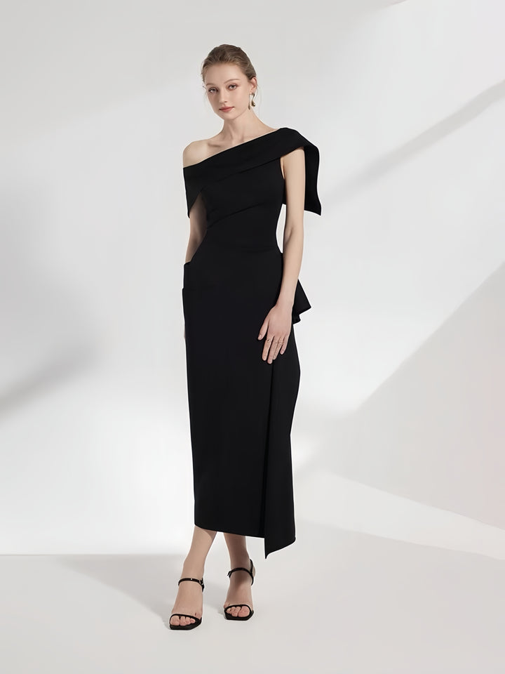 Off Shoulder Ruched Maxi Dress - Black