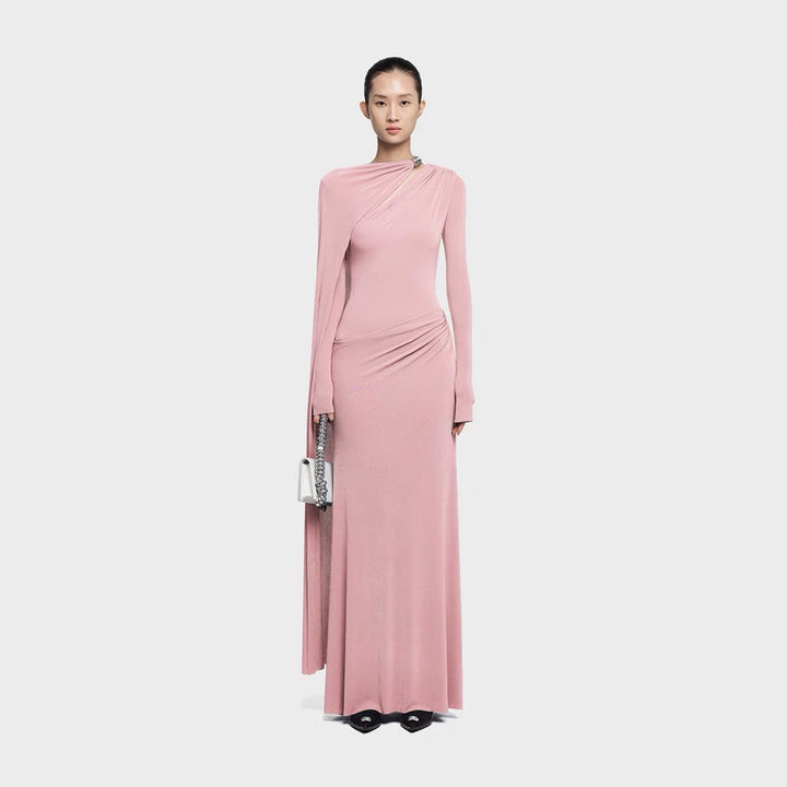 Asymmetrical Crepe Maxi Dress - Pink