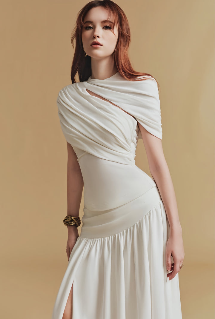 Asymmetrical Crepe Maxi Dress - White
