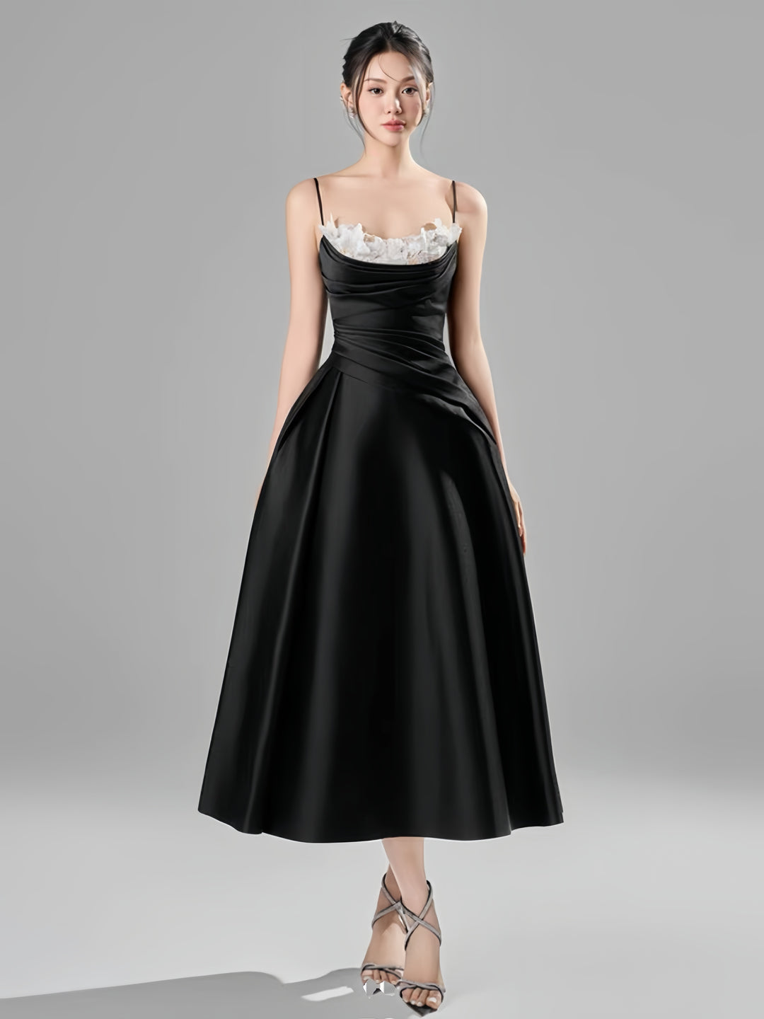 Off Shoulder Crepe Flowy Dress - Black