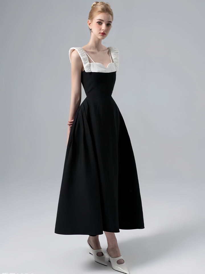 Wide Strap Crepe Maxi Dress - Black White