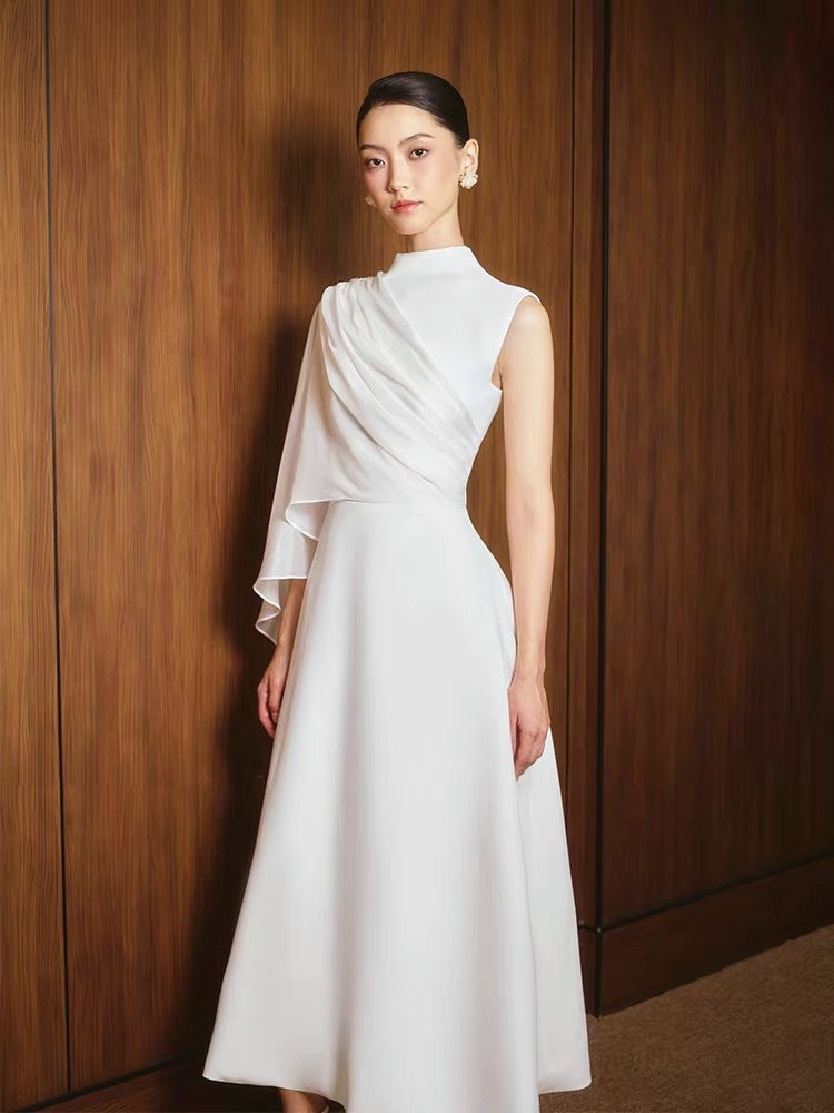 Elegant White Asymmetric Midi evening Dress for Summer Office & Parties