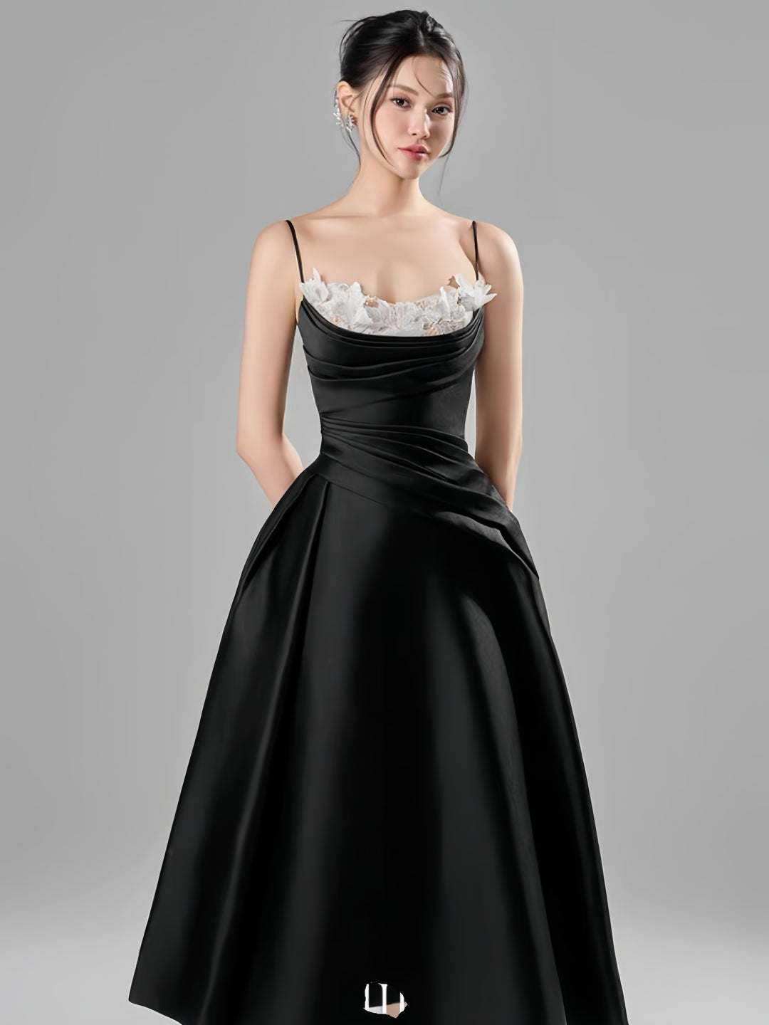 Off Shoulder Crepe Flowy Dress - Black