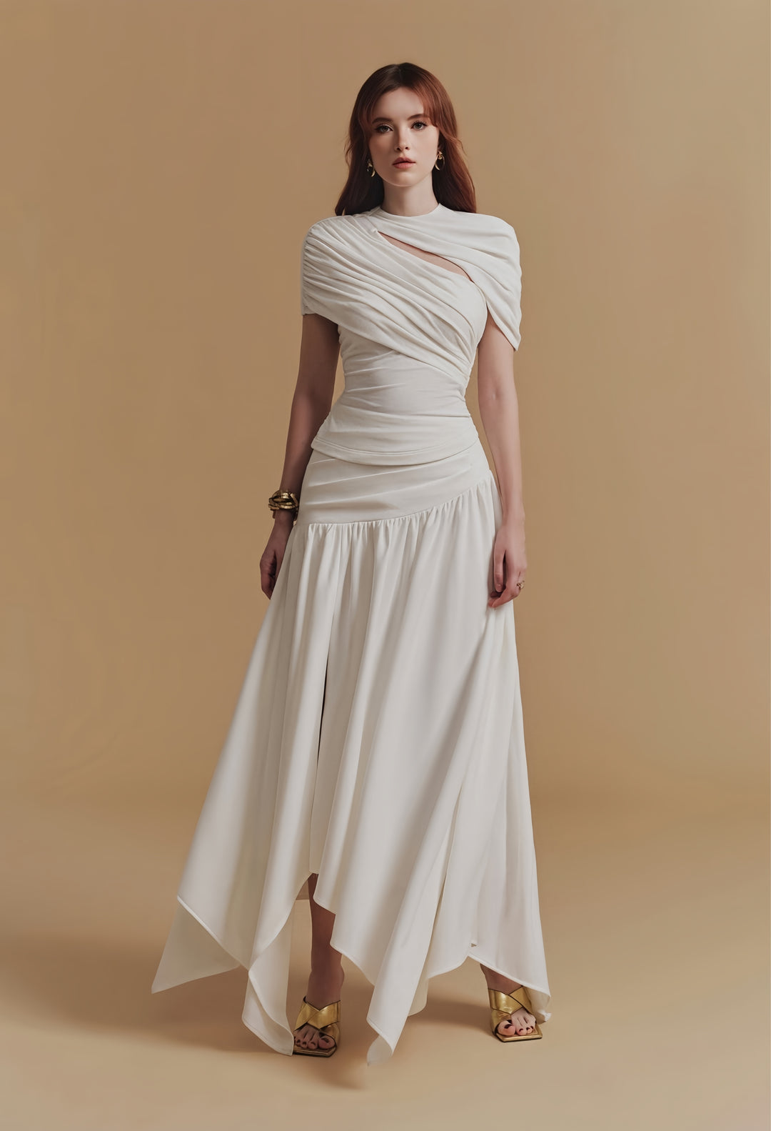 Asymmetrical Crepe Maxi Dress - White