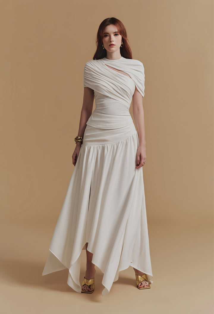 Asymmetrical Crepe Maxi Dress - White