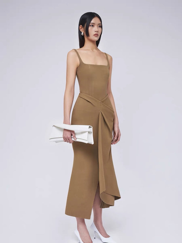 Off Shoulder Satin Fishtail Dress - Khaki