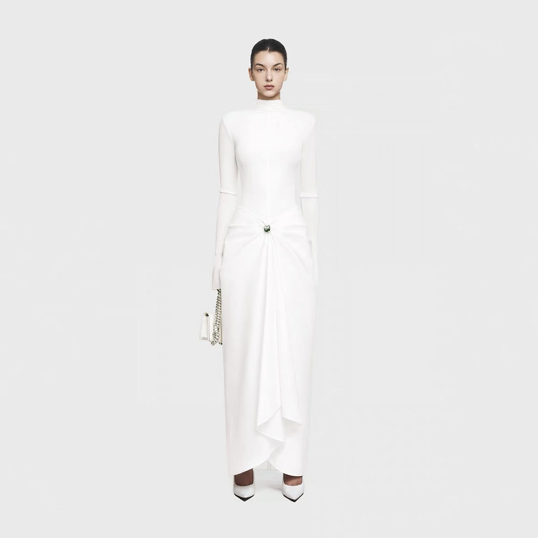 Ruched Asymmetry Sweep Dress - White