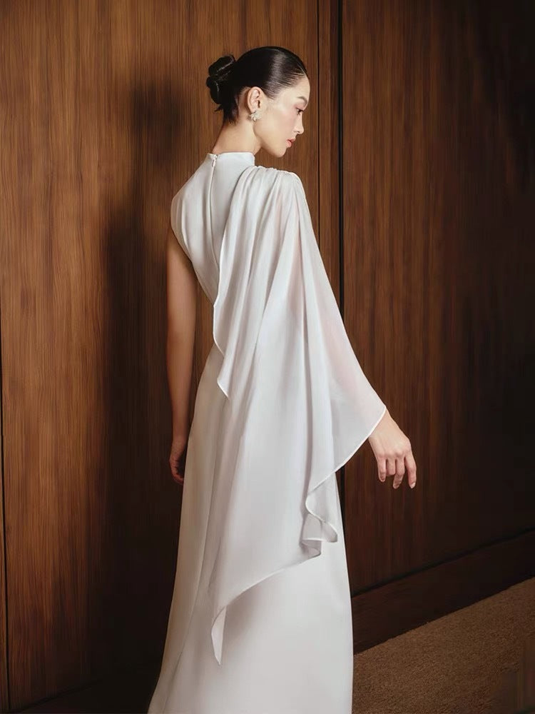 Elegant White Asymmetric Midi evening Dress for Summer Office & Parties