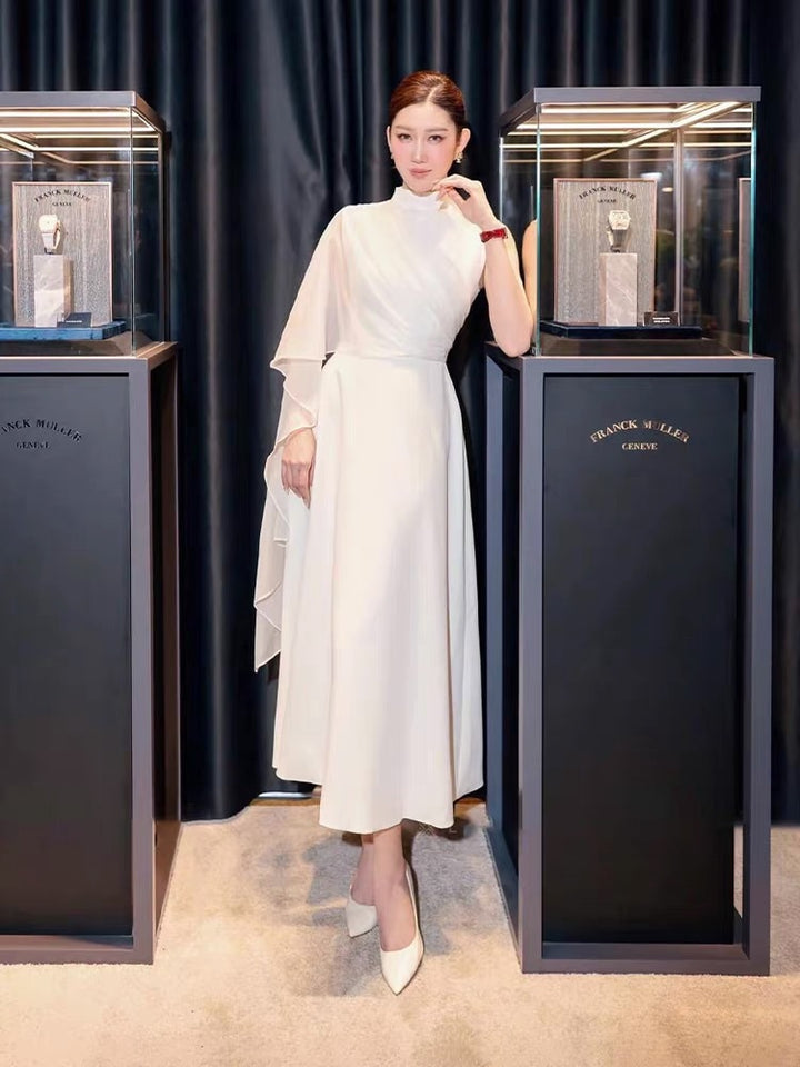 Elegant White Asymmetric Midi evening Dress for Summer Office & Parties