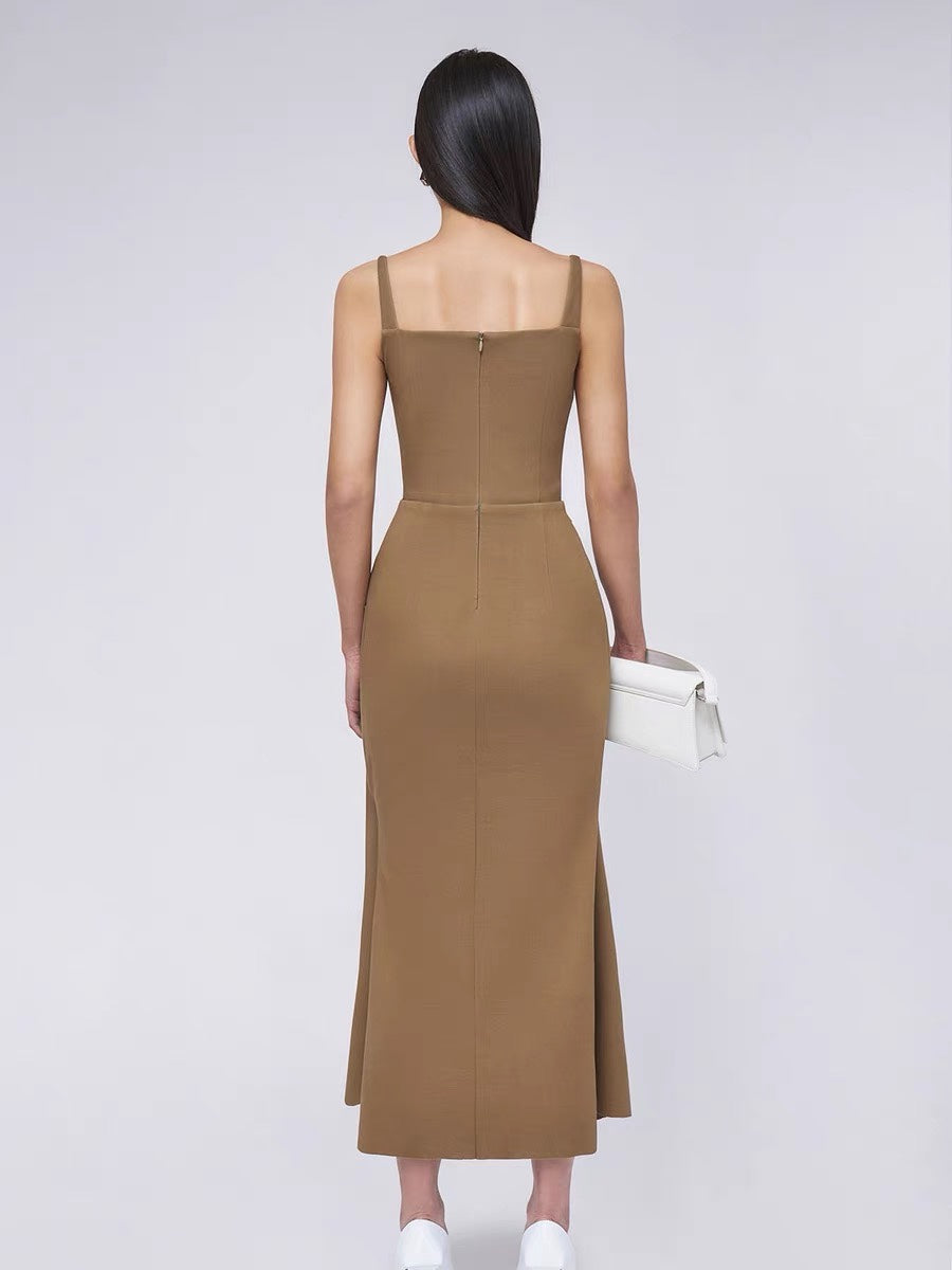 Off Shoulder Satin Fishtail Dress - Khaki