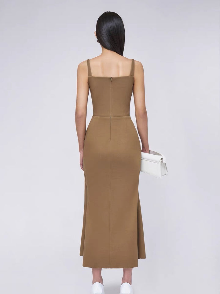 Off Shoulder Satin Fishtail Dress - Khaki