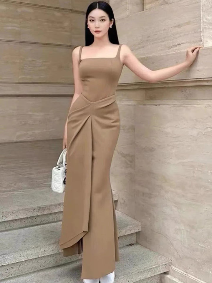 Off Shoulder Satin Fishtail Dress - Khaki