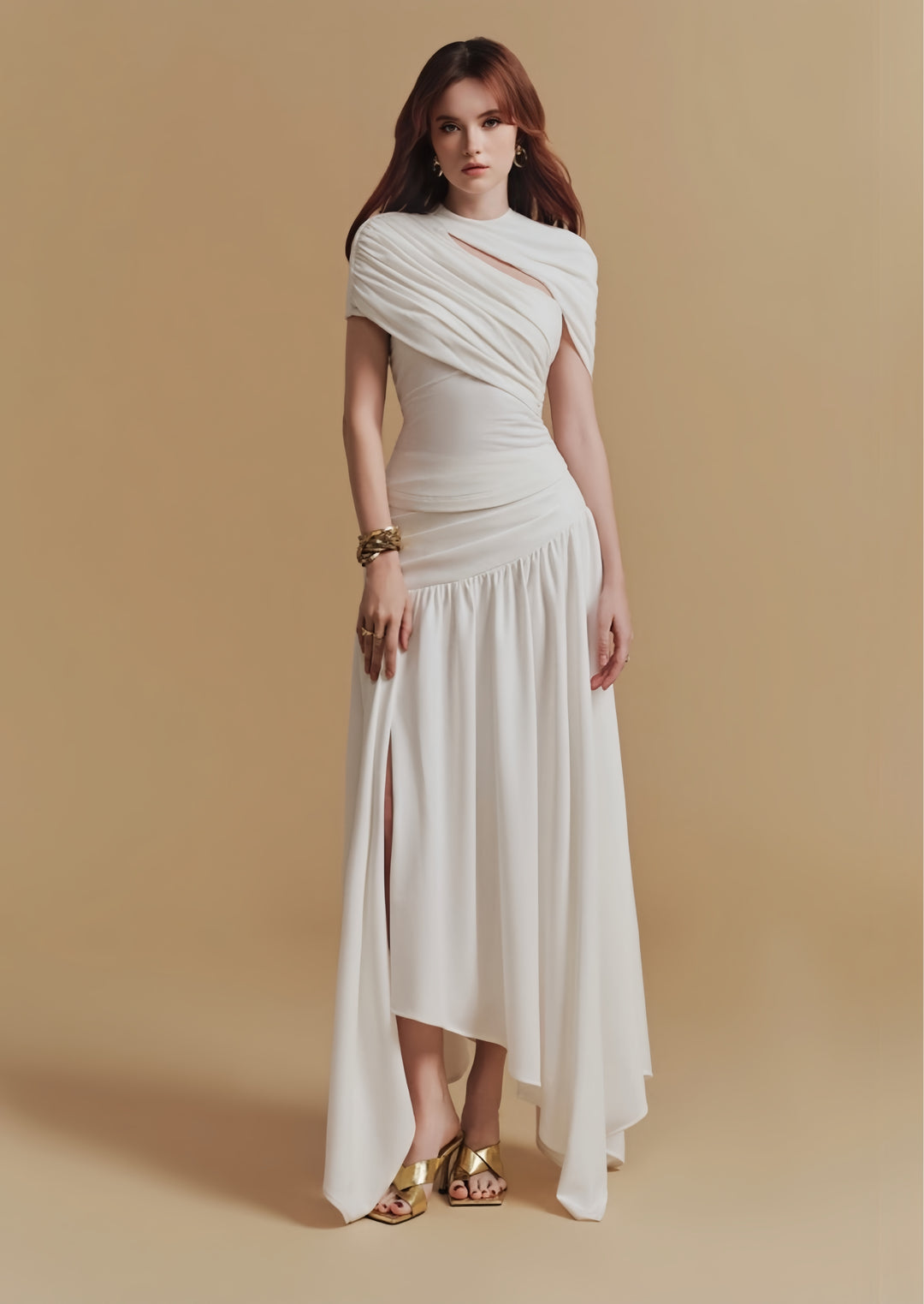 Asymmetrical Crepe Maxi Dress - White