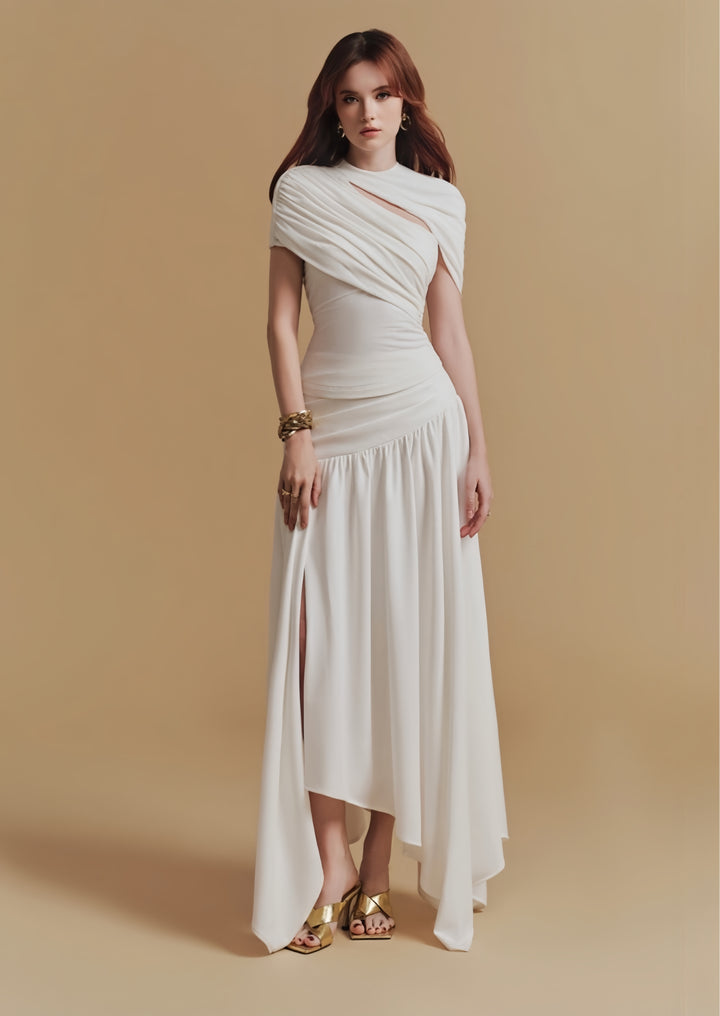 Asymmetrical Crepe Maxi Dress - White