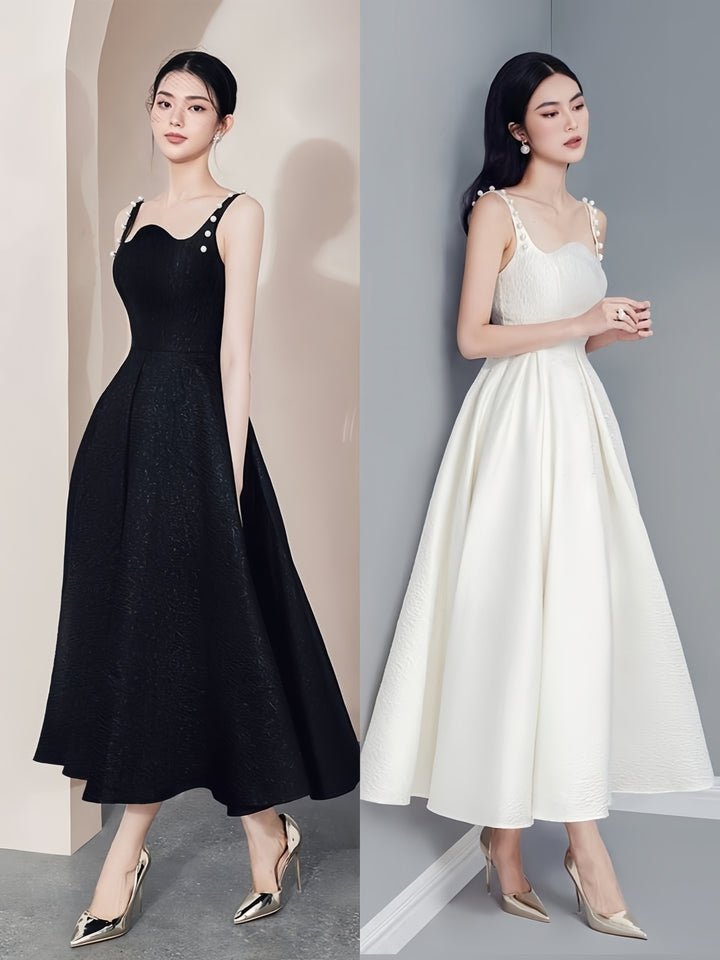 White dress with pearl-embellished straps