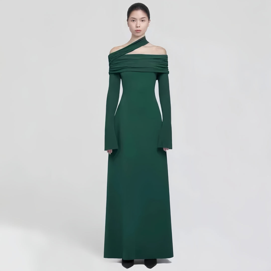 Elegant dark green maxi dress + shawl ruffle design