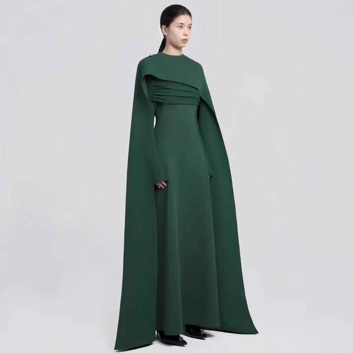 Elegant dark green maxi dress + shawl ruffle design