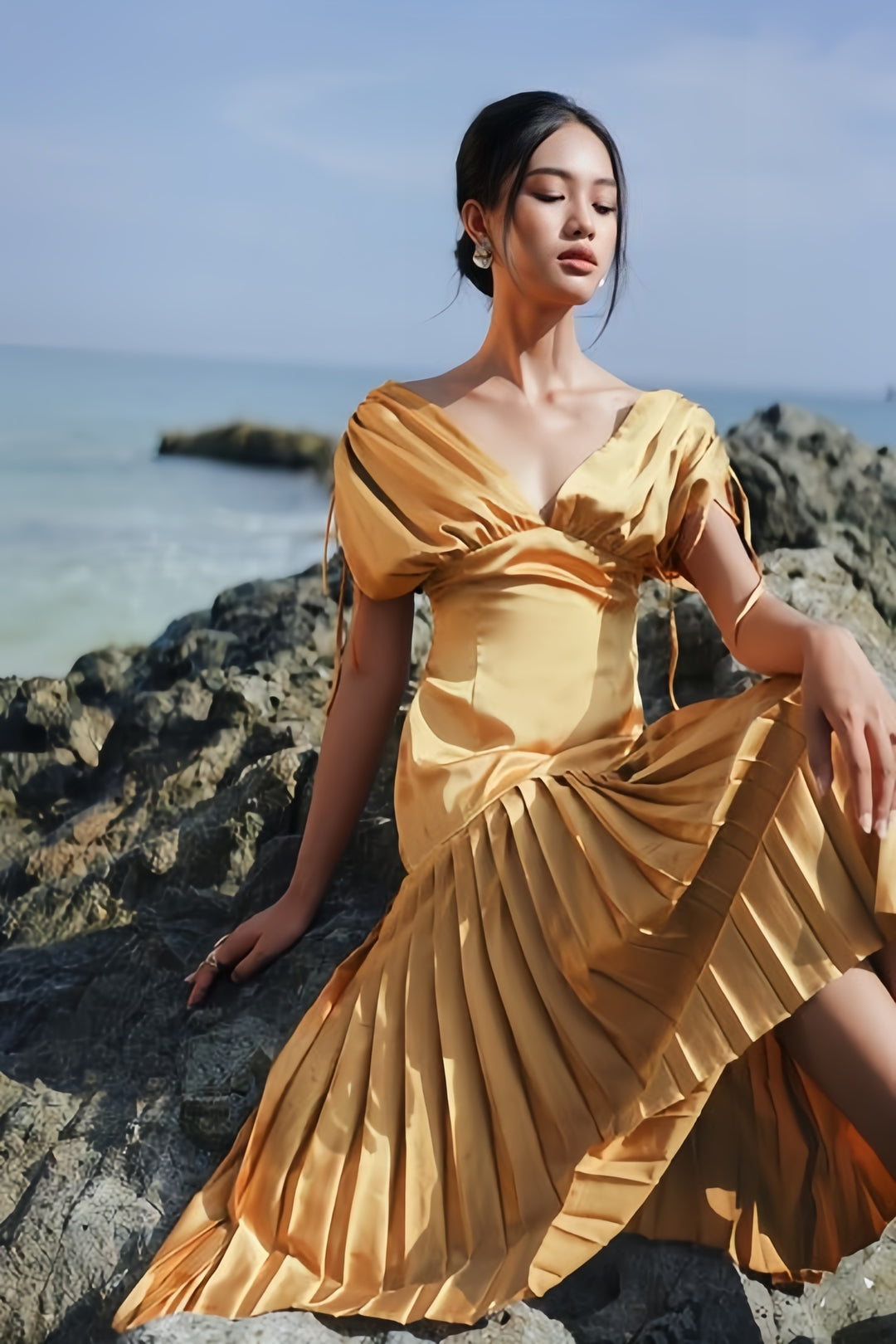 Off Shoulder Crepe Pleated Dress - Yellow