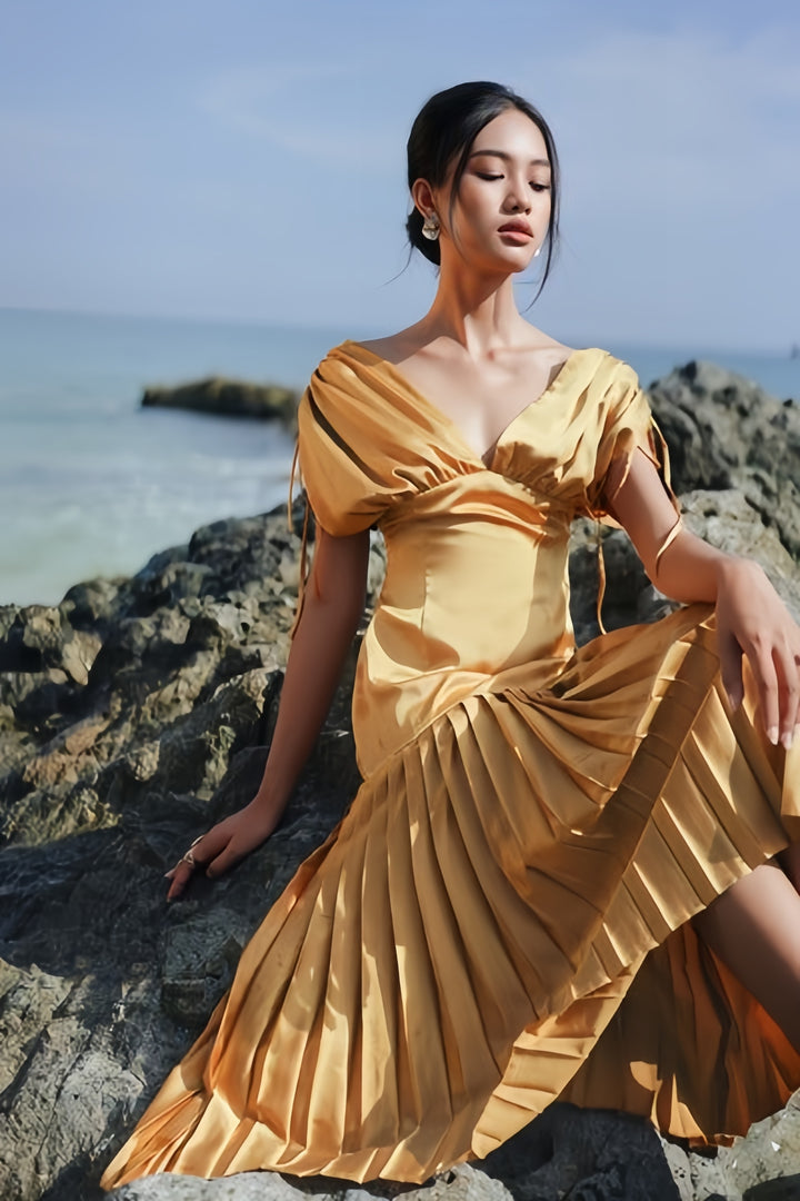 Off Shoulder Crepe Pleated Dress - Yellow
