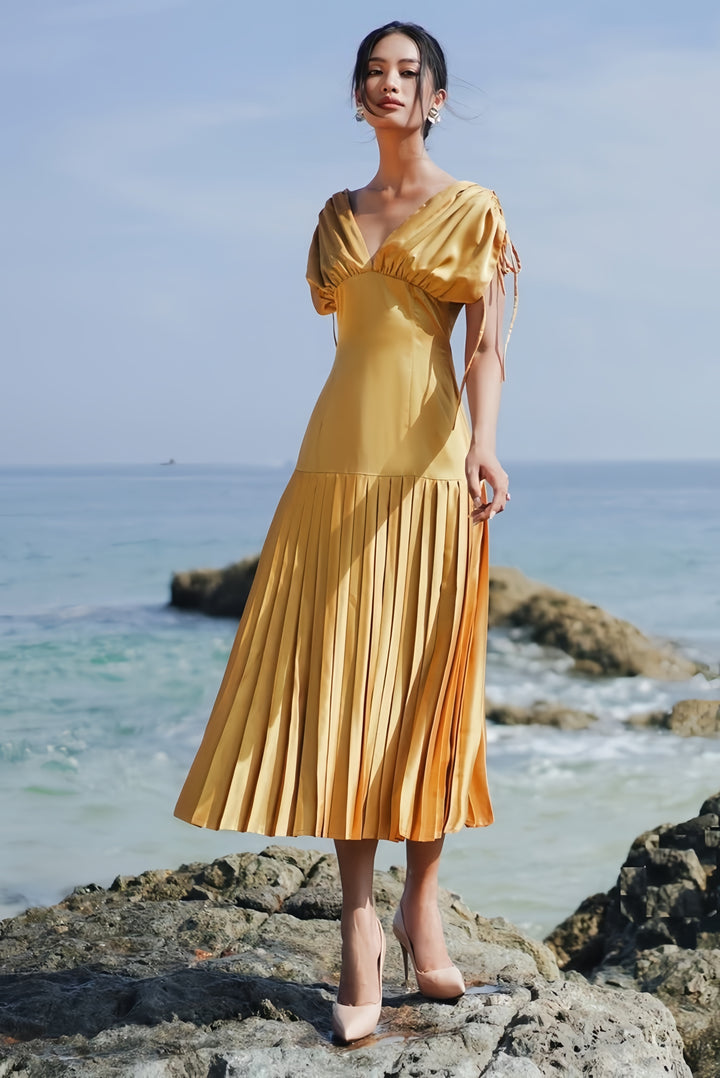 Off Shoulder Crepe Pleated Dress - Yellow