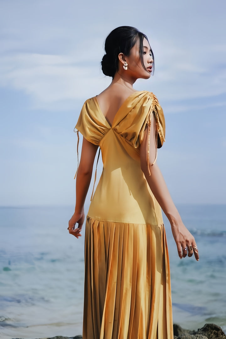 Off Shoulder Crepe Pleated Dress - Yellow