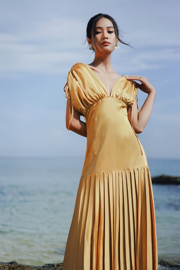 Off Shoulder Crepe Pleated Dress - Yellow
