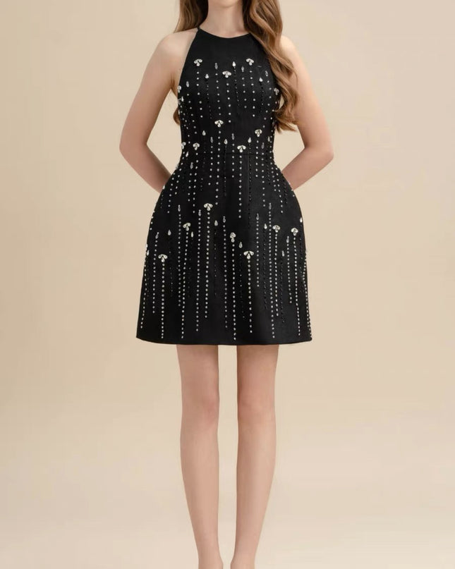 High Neck Starry Crepe Dress - Black