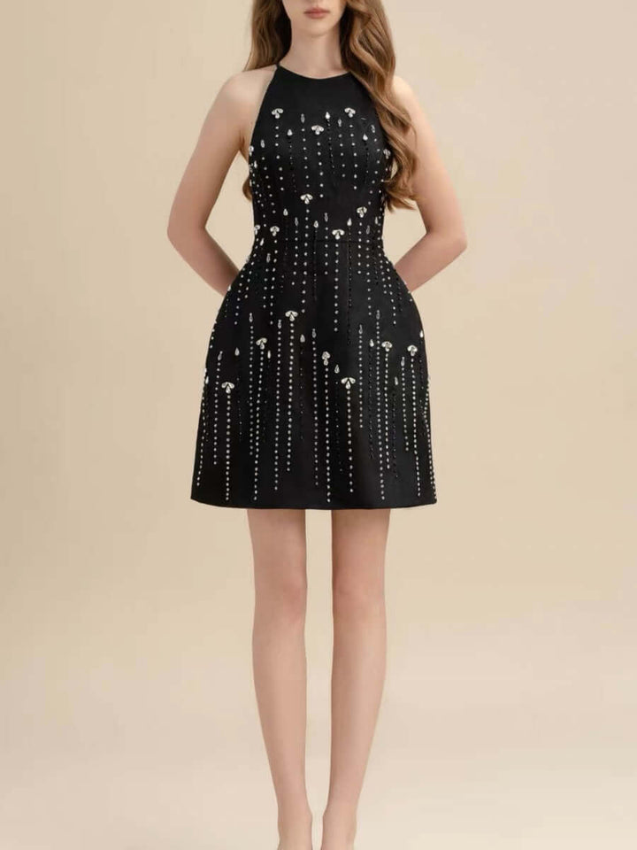 High Neck Starry Crepe Dress - Black