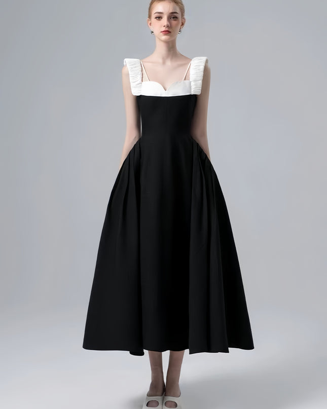 Wide Strap Crepe Maxi Dress - Black White