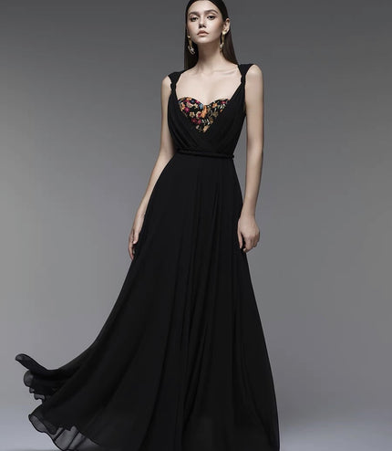 Black Petal Crepe Maxi Dress with Butterfly Embroidery