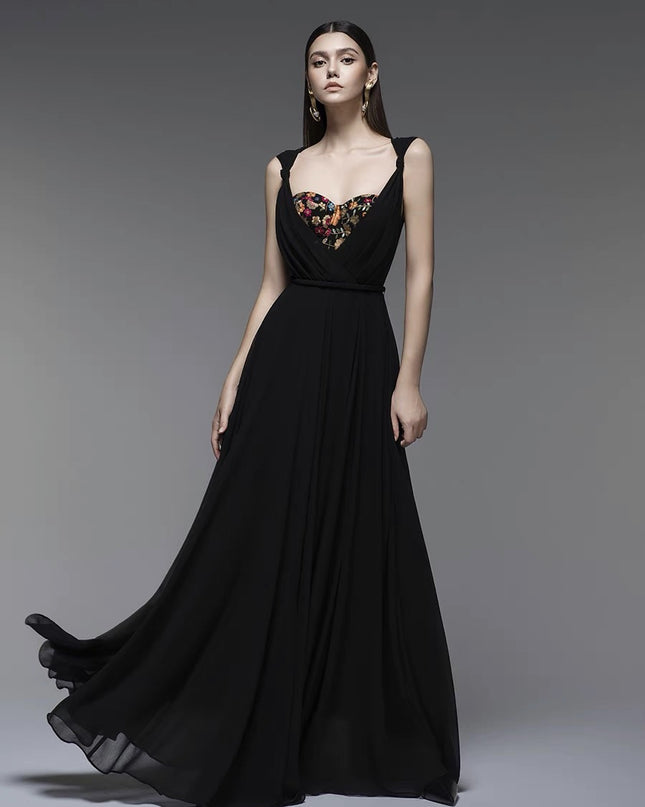 Black Petal Crepe Maxi Dress with Butterfly Embroidery