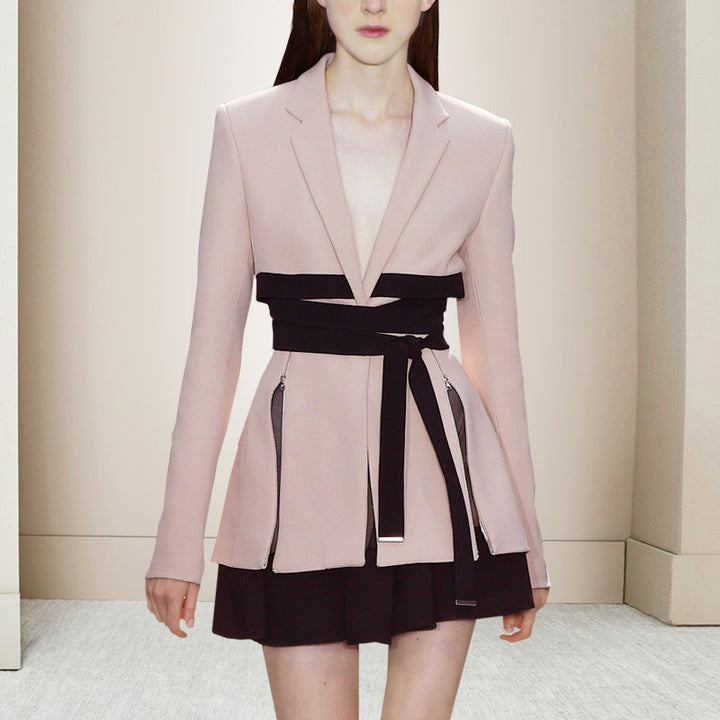 Pink Chic Lace-Up Dress Suit with Drawstring Waist for Elegant Office Wear