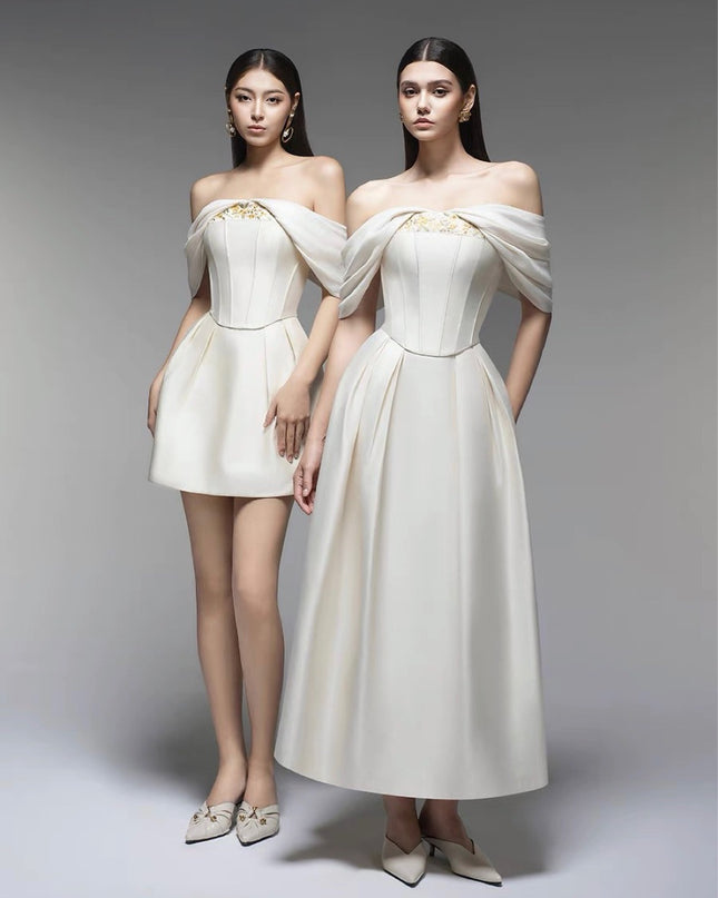 Off Shoulder Crepe Floor-Length Dress - White