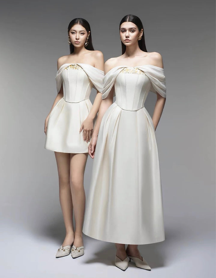 Off Shoulder Crepe Floor-Length Dress - White