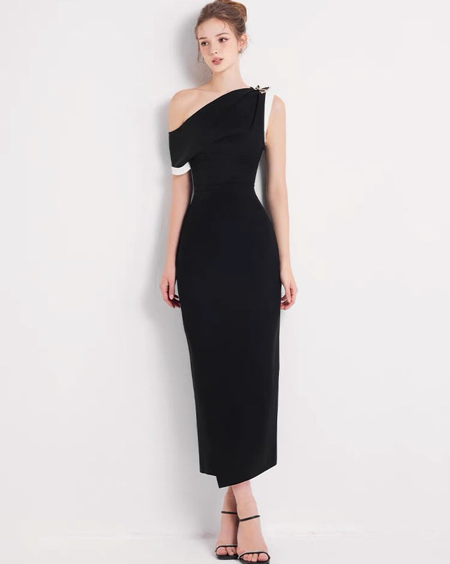 One Shoulder Crepe Maxi Dress - Black