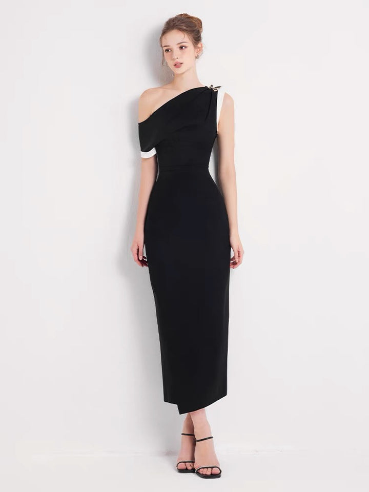 One Shoulder Crepe Maxi Dress - Black