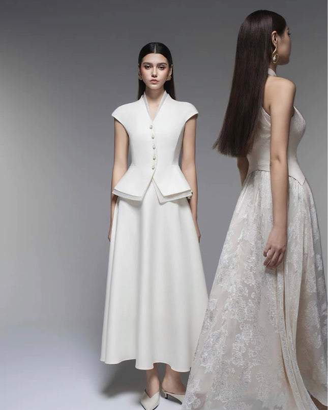Ruffled Crepe Maxi Dress - White