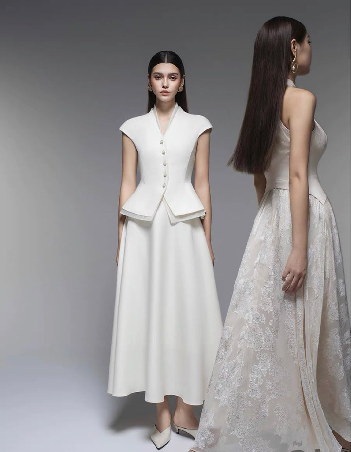 Ruffled Crepe Maxi Dress - White