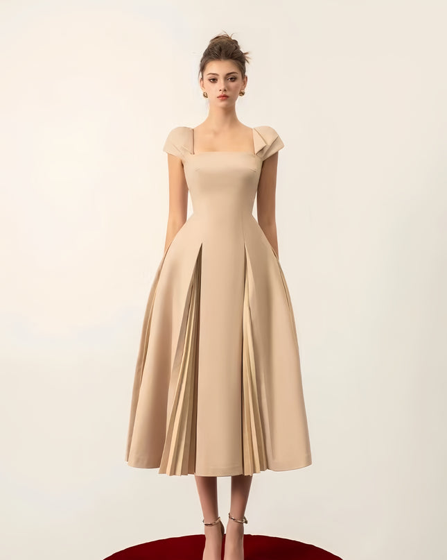 Cinched Crepe Pleated Dress - apricot