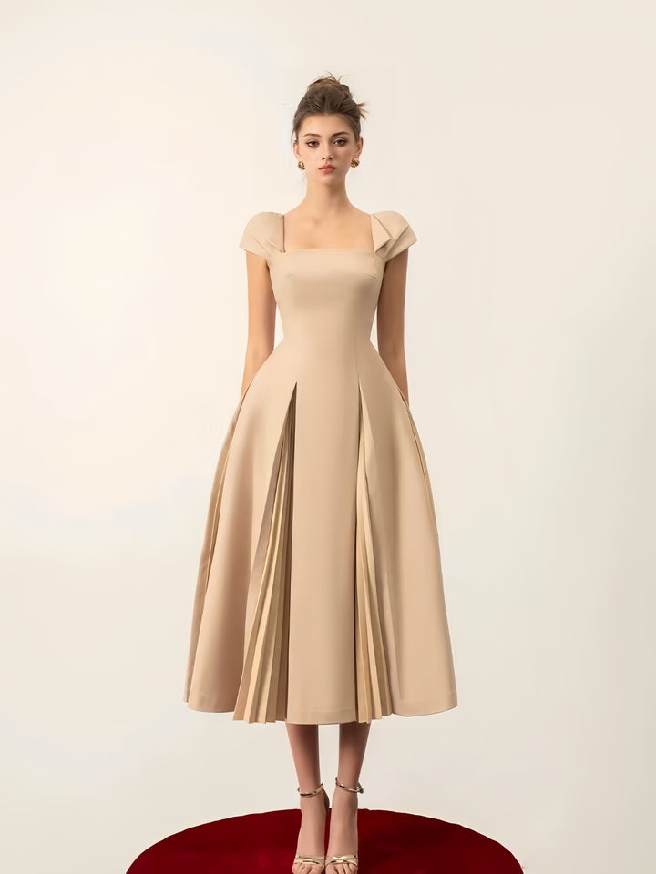 Cinched Crepe Pleated Dress - apricot