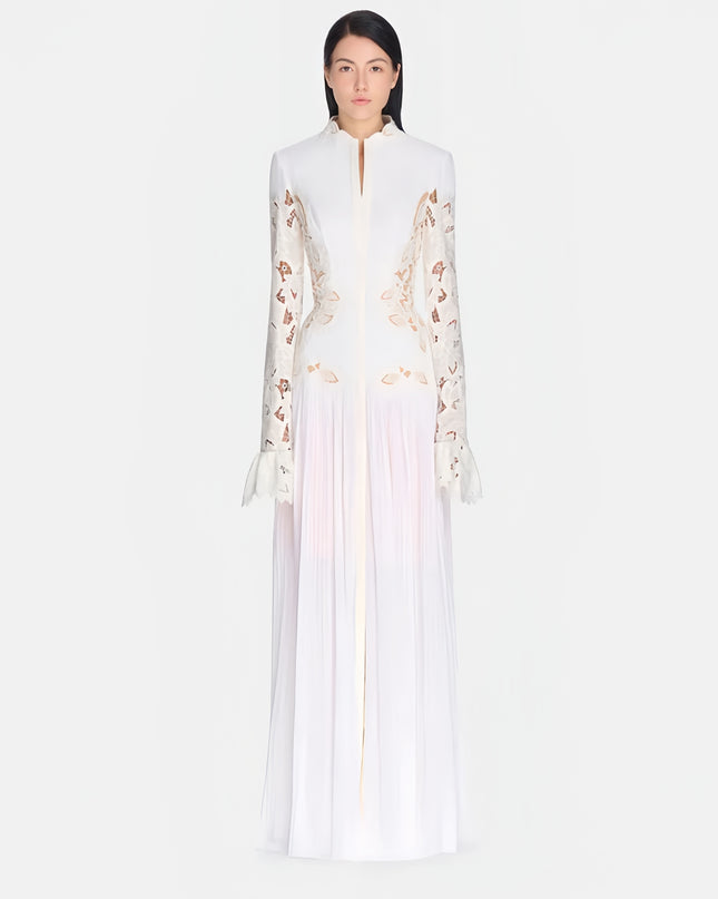 High-Neck Lace Pleated Dress - White