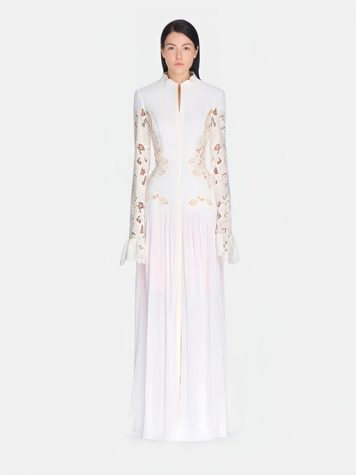High-Neck Lace Pleated Dress - White