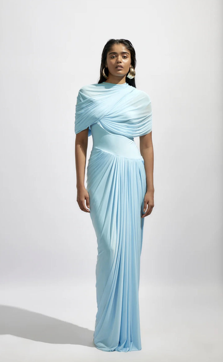 Elegant Blue Pleated Formal Dress