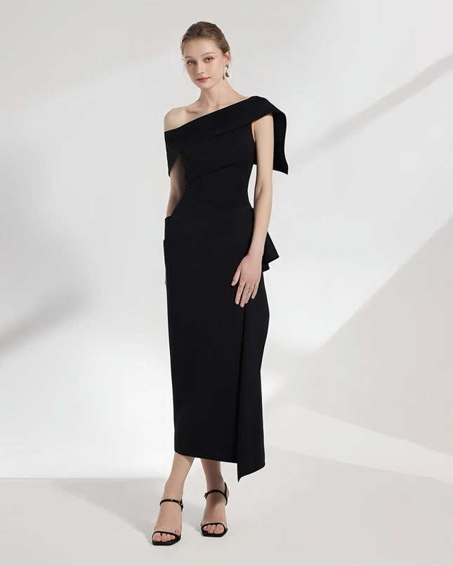 Off Shoulder Ruched Maxi Dress - Black