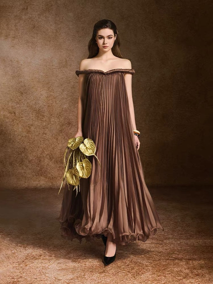 Vintage Elegant Dark Brown Pleated Dress