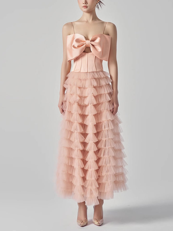 Chic Pink Bow Tiered Maxi Dress | 2025 Evening Gown