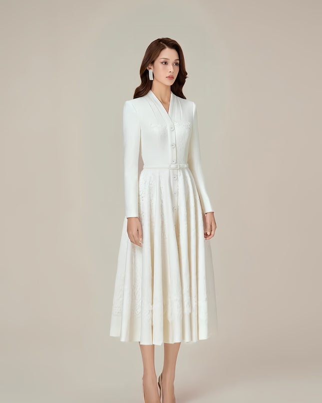 Formal Long-Sleeved Waist Dress - White