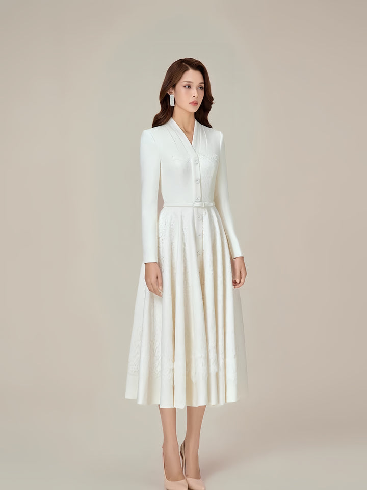 Formal Long-Sleeved Waist Dress - White