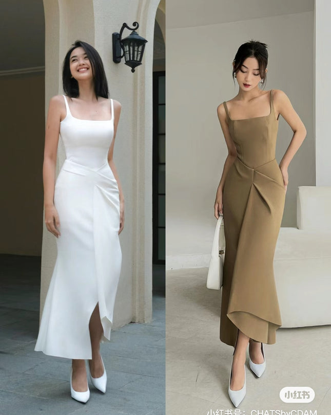 Off Shoulder Crepe Maxi Dress-Khaki